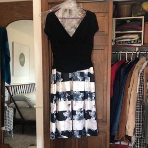Below knee dress, black on top, fitted waist, lined skirt.